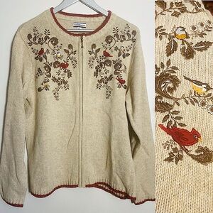 Croft & Barrow Cardinal Sweater Oatmeal colored Full Zip Embroidered Birds
